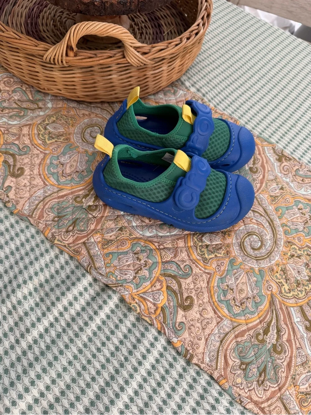 CROCS Kids Blue & Green Athletic Water Shoes with Yellow Pull Tabs Size 12